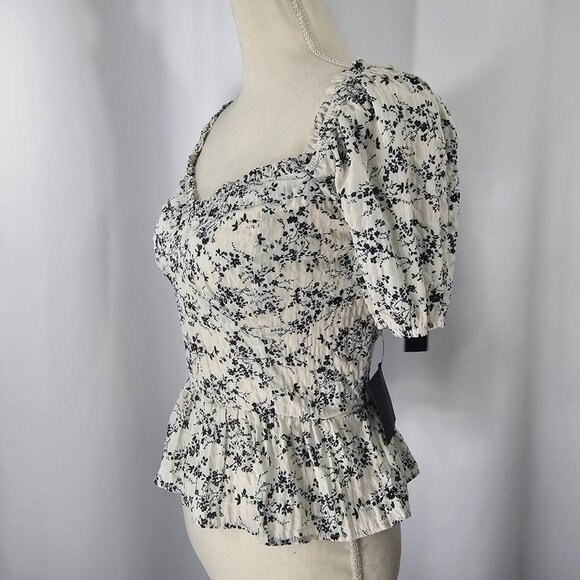 Lulus Women's Black & White Floral Print Puff Sleeve Smocked Blouse Size L NWT - Picture 5 of 13